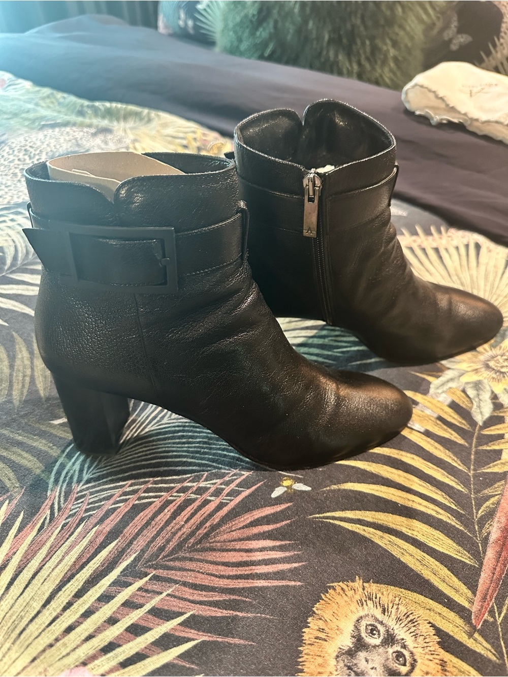Aquatalia Black Leather Ankle Boots with Side Zip and Buckle Detail